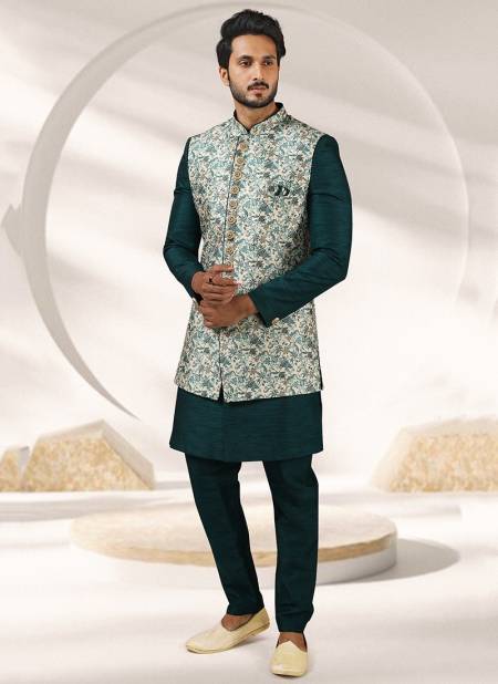Green Colour Festive Wear Banarasi Silk Digital Print Kurta Pajama With Jacket Mens Collection 1407